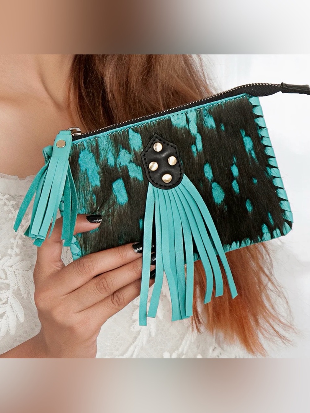 Western Turquoise Fringe Cowhide Wristlet Clutch